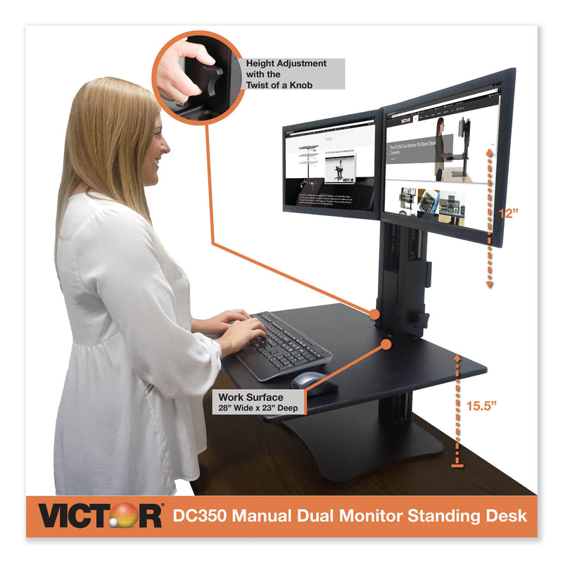 Victor High Rise Dual Monitor Standing Desk Workstation, 28" x 23" x 10.5" to 15.5", Black