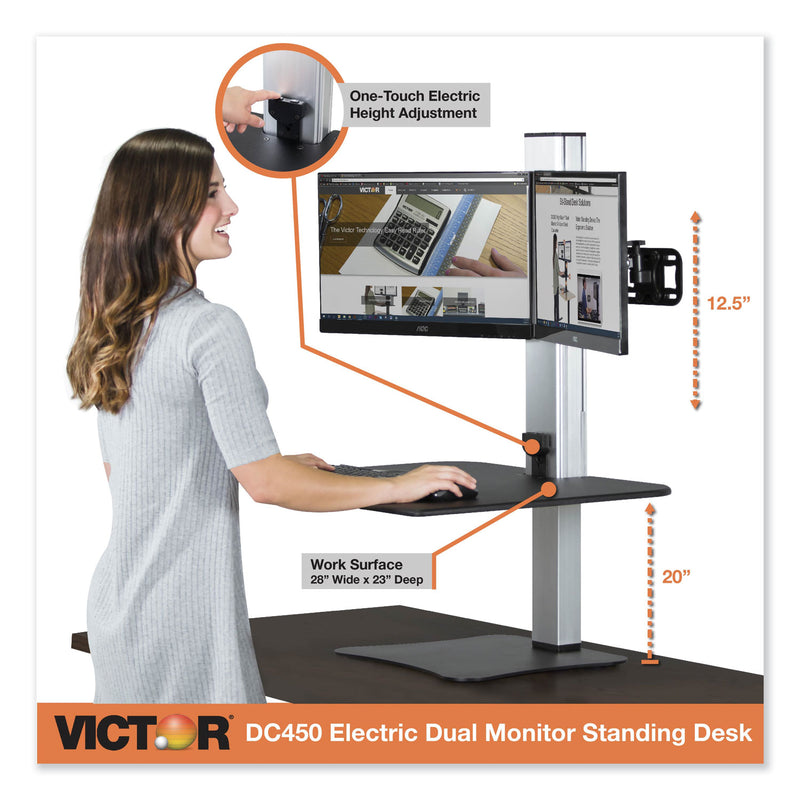 Victor High Rise Electric Dual Monitor Standing Desk Workstation, 28" x 23" x 20.25", Black/Aluminum