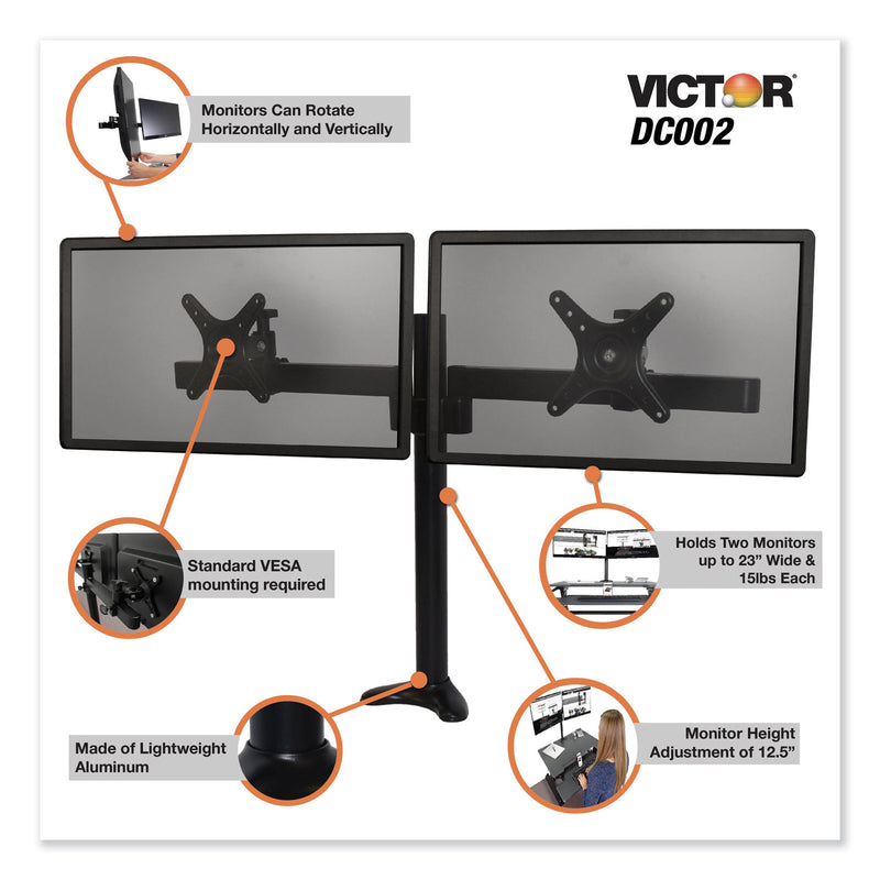 Victor Single/Dual Arm Mount System for 23" Monitors, 180 deg; 225 deg Rotation, 45 deg Tilt, 360 deg Pan, Black, Supports 15 lb