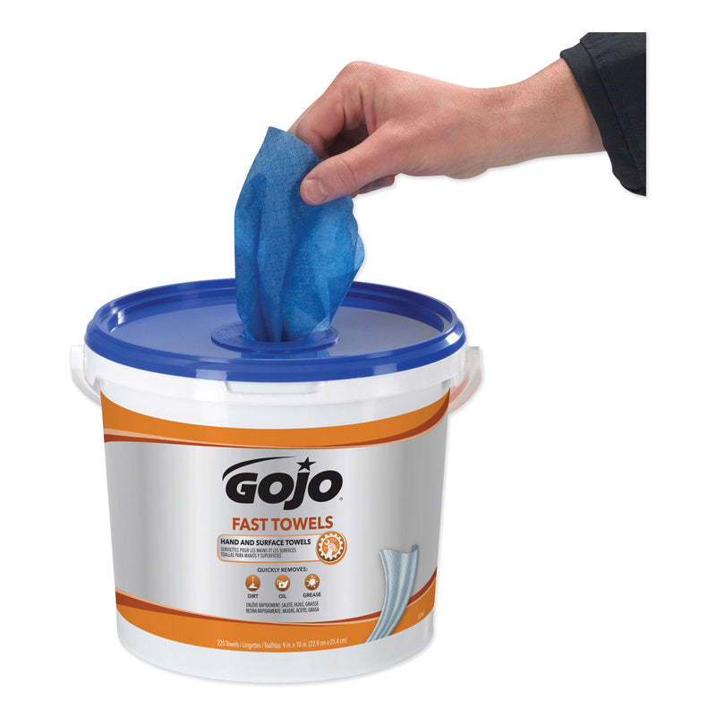 GOJO FAST TOWELS Hand Cleaning Towels, Cloth, 9 x 10, Fresh Citrus, Blue, 225/Bucket