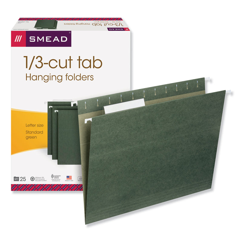 Smead Hanging Folders, Letter Size, 1/3-Cut Tabs, Standard Green, 25/Box
