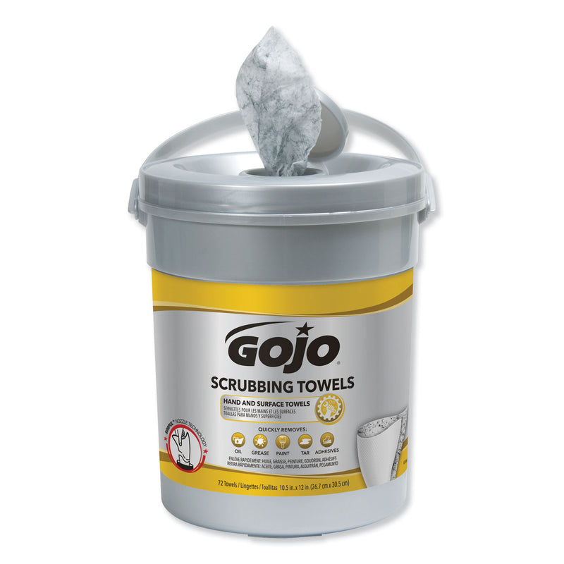GOJO Scrubbing Towels, Hand Cleaning, 2-Ply, 10.5 x 12, Silver/Yellow, 72/Bucket, 6/Carton