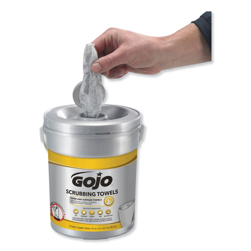 GOJO Scrubbing Towels, Hand Cleaning, 2-Ply, 10.5 x 12, Fresh Citrus, Silver/Yellow, 72/Bucket