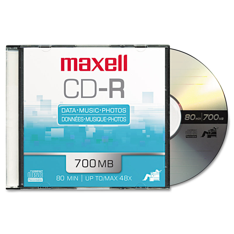 Maxell CD-R Recordable Disc, 700 MB/80 min, 48x, Slim Jewel Case, Silver, 10/Pack