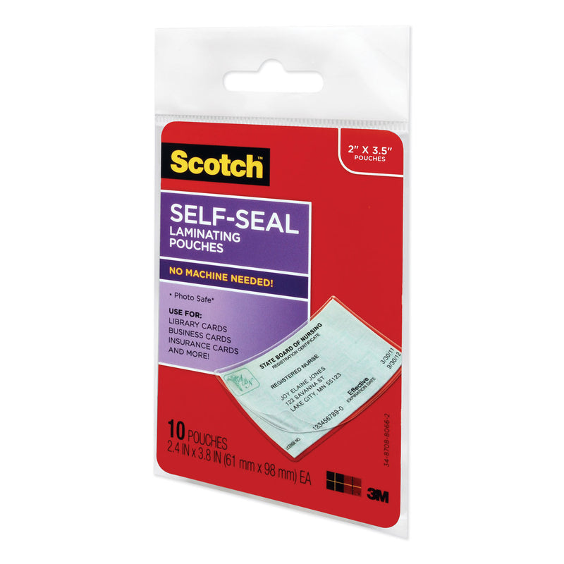 Scotch Self-Sealing Laminating Pouches, 9 mil, 3.8" x 2.4", Gloss Clear, 10/Pack