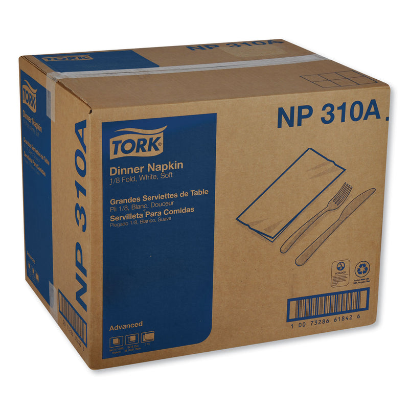 Tork Advanced Dinner Napkins, 2 Ply, 15" x 16.25", 1/8 Fold, White, 375/Packs, 8 Packs/Carton
