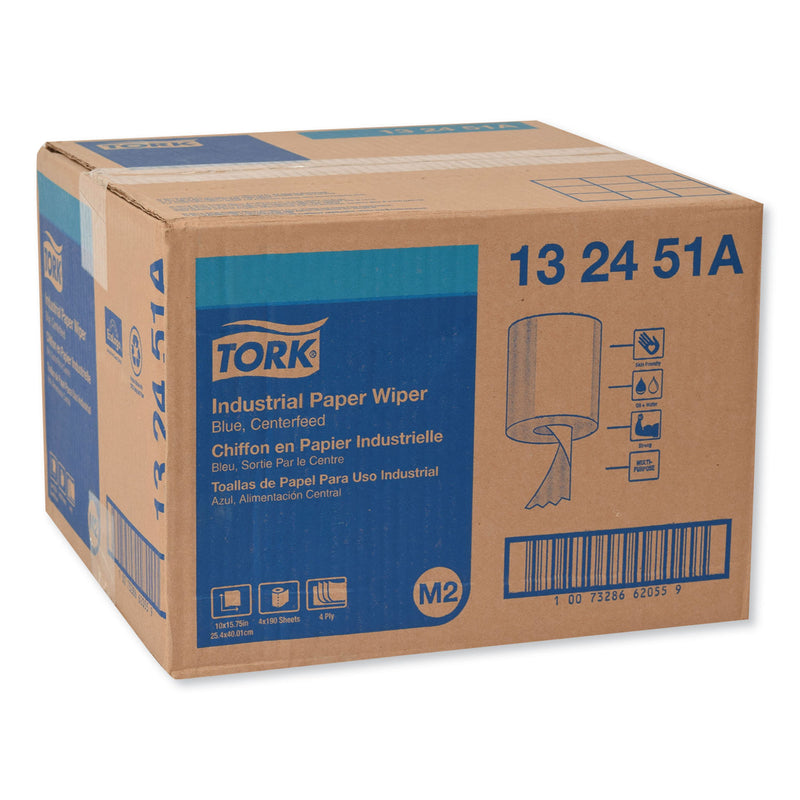Tork Industrial Paper Wiper, 4-Ply, 10 x 15.75, Blue, 190 Wipes/Roll, 4 Roll/Carton