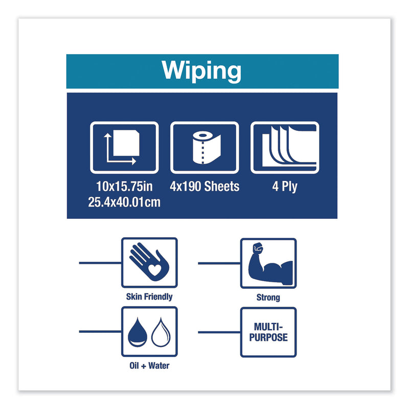Tork Industrial Paper Wiper, 4-Ply, 10 x 15.75, Blue, 190 Wipes/Roll, 4 Roll/Carton