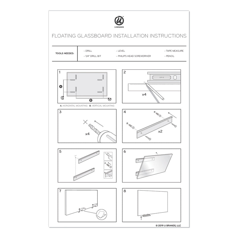 U Brands Floating Glass Dry Erase Board, 72 x 48, White