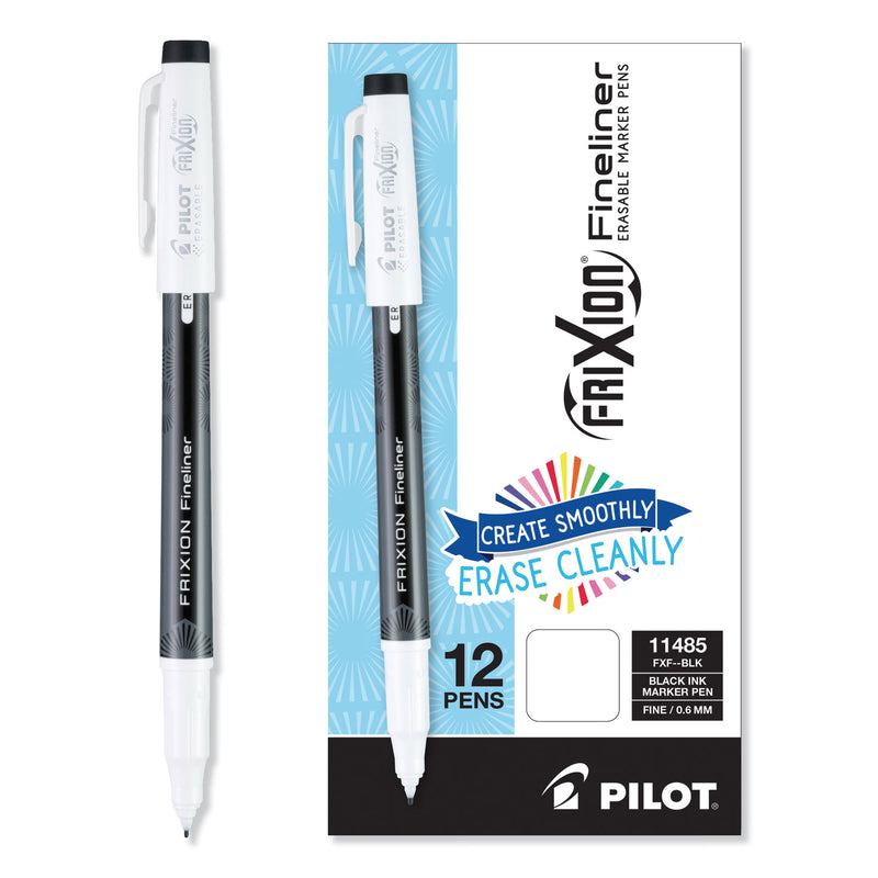 Pilot FriXion Fineliner Erasable Porous Point Pen, Stick, Fine 0.6 mm, Black Ink, Black Barrel, Dozen