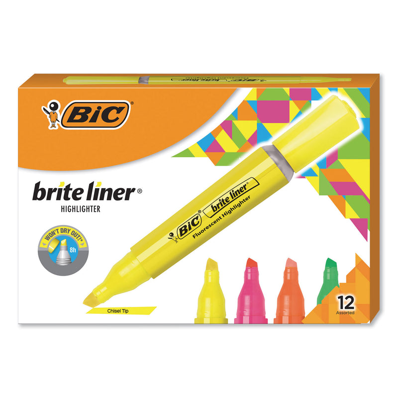 BIC Brite Liner Tank-Style Highlighter, Assorted Ink Colors, Chisel Tip, Assorted Barrel Colors, Dozen
