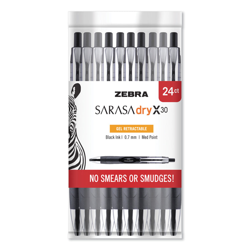 Zebra Sarasa Dry Gel X30 Gel Pen, Retractable, Medium 0.7 mm, Black Ink, Black Barrel, 24/Pack