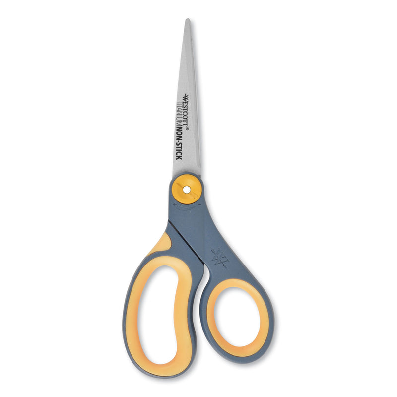 Westcott Non-Stick Titanium Bonded Scissors, 8" Long, 3.25" Cut Length, Gray/Yellow Straight Handle