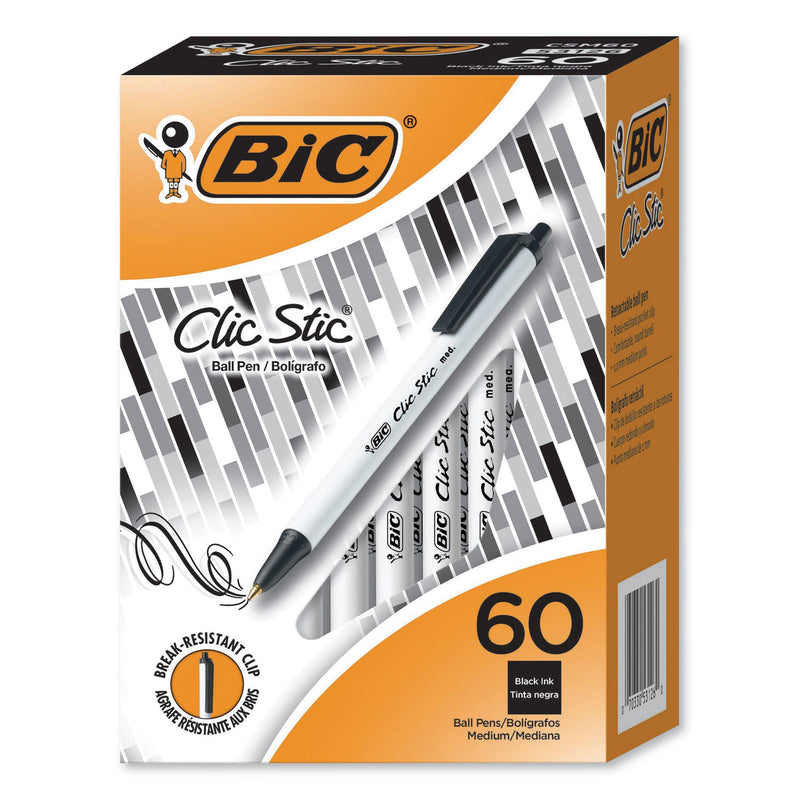 BIC Clic Stic Ballpoint Pen Value Pack, Retractable, Medium 1.2 mm, Black Ink, White Barrel, 60/Pack