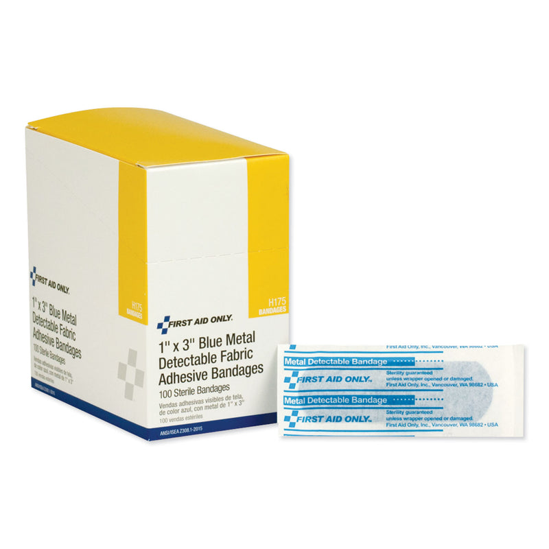 First Aid Only Adhesive Blue Metal Detectable Bandages, 1 x 3, Plastic with Foil, 100/Box, 12 Boxes/Carton
