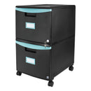 Storex Two-Drawer Mobile Filing Cabinet, 2 Legal/Letter-Size File Drawers, Black/Teal, 14.75" x 18.25" x 26"
