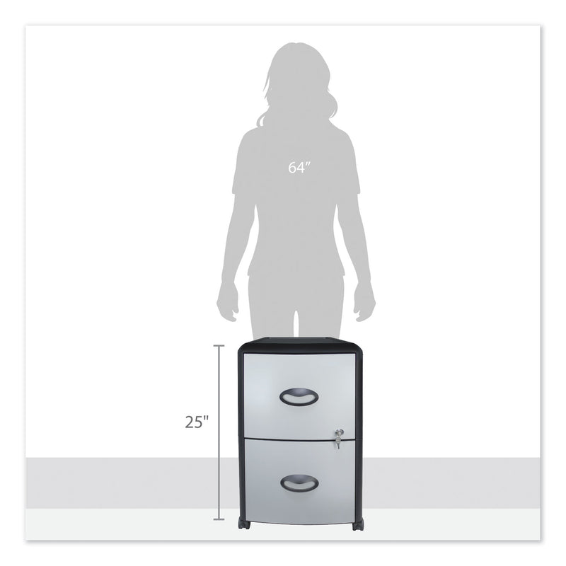 Storex Mobile Filing Cabinet with Metal Siding, 2 Letter-Size File Drawers, Silver/Black, 19" x 15" x 23"