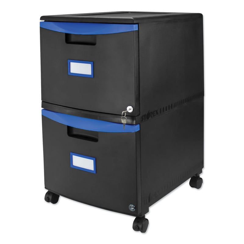 Storex Two-Drawer Mobile Filing Cabinet, 2 Legal/Letter-Size File Drawers, Black/Blue, 14.75" x 18.25" x 26"