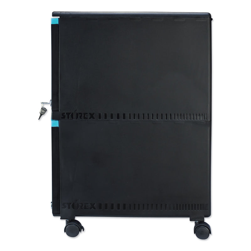 Storex Two-Drawer Mobile Filing Cabinet, 2 Legal/Letter-Size File Drawers, Black/Teal, 14.75" x 18.25" x 26"