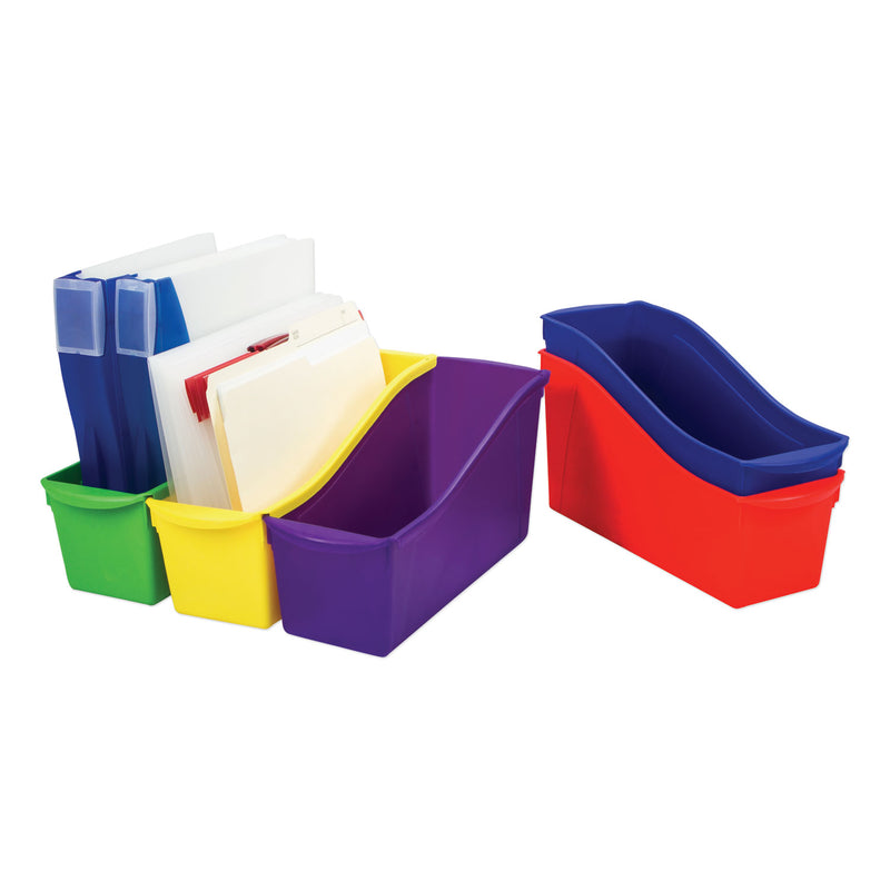 Storex Interlocking Book Bins with Clear Label Pouches, 4.75" x 12.63" x 7", Assorted Colors, 5/Pack