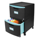 Storex Two-Drawer Mobile Filing Cabinet, 2 Legal/Letter-Size File Drawers, Black/Teal, 14.75" x 18.25" x 26"