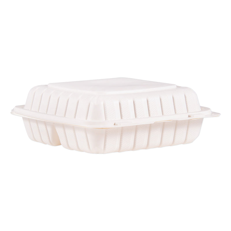ProPlanet Hinged Lid Containers, 3-Compartment, 9 x 8.8 x 3, White, Plastic, 150/Carton