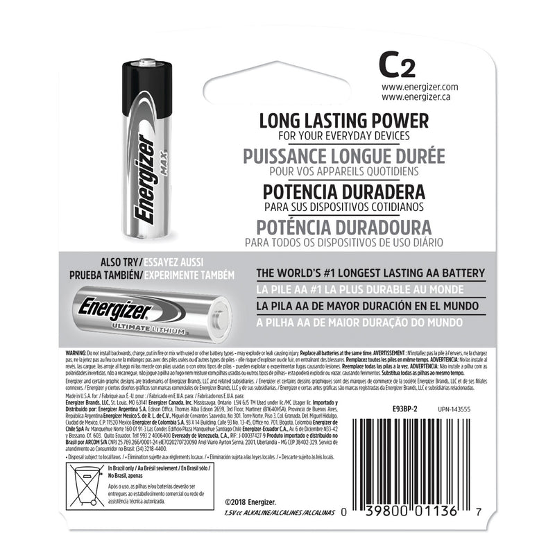 Energizer MAX Alkaline C Batteries, 1.5 V, 2/Pack