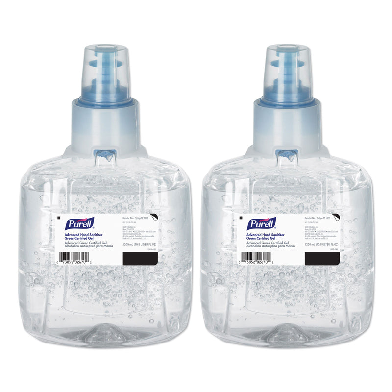 PURELL Advanced Hand Sanitizer Green Certified Gel Refill, For LTX-12 Dispensers, 1,200 mL, Fragrance-Free, 2/Carton