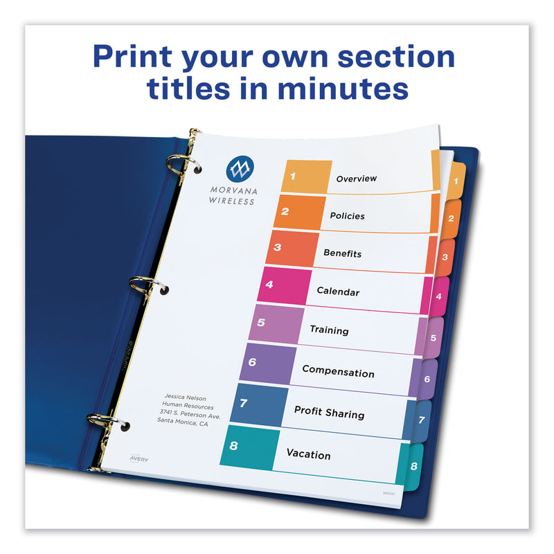Avery Customizable TOC Ready Index Multicolor Tab Dividers, Uncollated, 8-Tab, 1 to 8, 11 x 8.5, White, 24 Sets