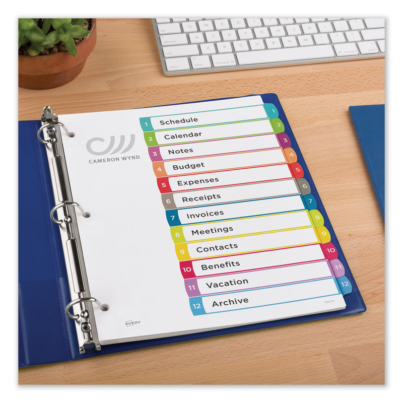 Avery Customizable TOC Ready Index Multicolor Tab Dividers, 12-Tab, 1 to 12, 11 x 8.5, White, Contemporary Color Tabs, 1 Set