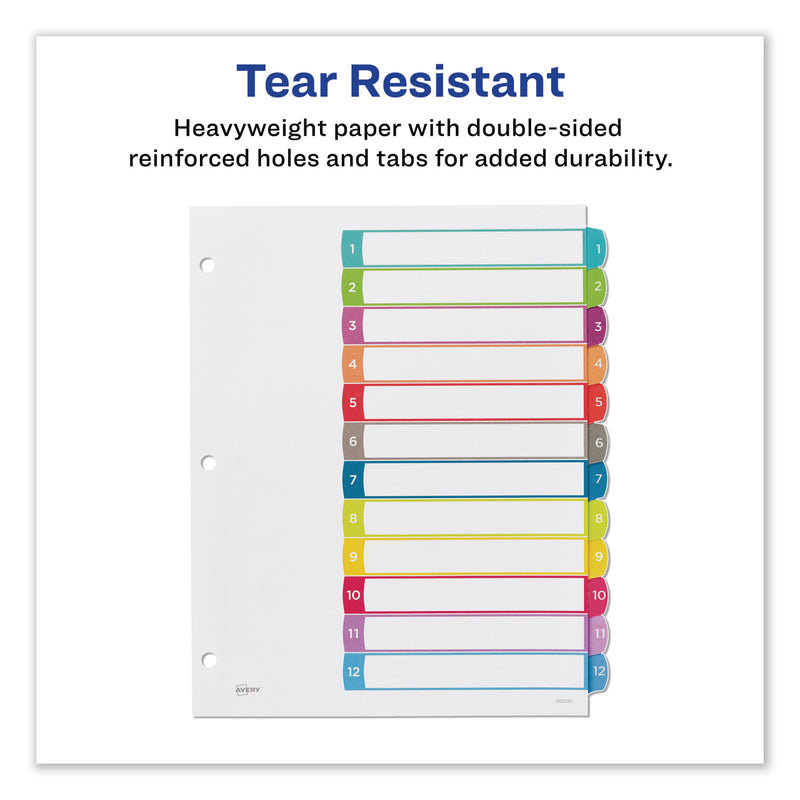 Avery Customizable TOC Ready Index Multicolor Tab Dividers, 12-Tab, 1 to 12, 11 x 8.5, White, Contemporary Color Tabs, 1 Set