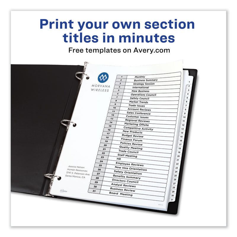 Avery Customizable TOC Ready Index Black and White Dividers, 31-Tab, 1 to 31, 11 x 8.5, 1 Set