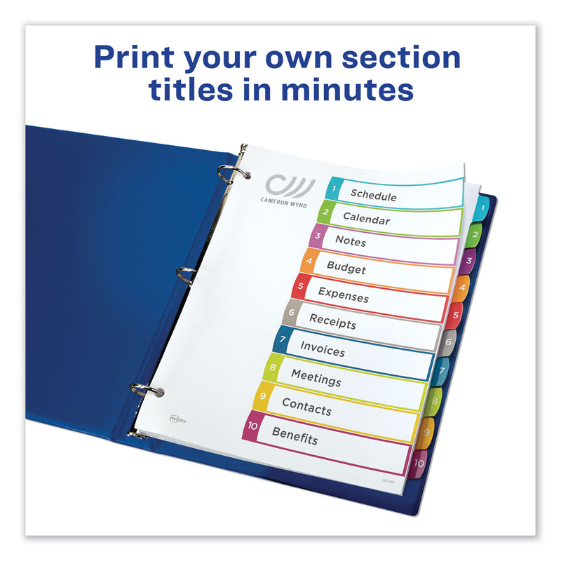 Avery Customizable TOC Ready Index Multicolor Tab Dividers, 10-Tab, 1 to 10, 11 x 8.5, White, Contemporary Color Tabs, 1 Set
