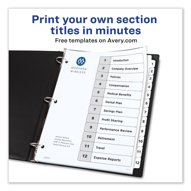 Avery Customizable TOC Ready Index Black and White Dividers, 12-Tab, 1 to 12, 11 x 8.5, 1 Set
