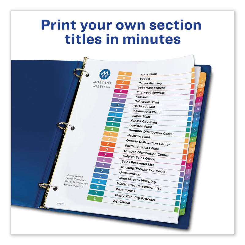 Avery Customizable TOC Ready Index Multicolor Tab Dividers, 26-Tab, A to Z, 11 x 8.5, White, Traditional Color Tabs, 1 Set