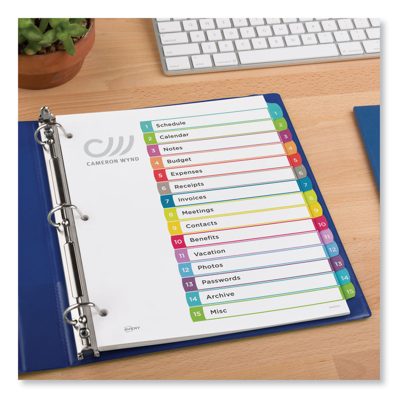 Avery Customizable TOC Ready Index Multicolor Tab Dividers, 15-Tab, 1 to 15, 11 x 8.5, White, Contemporary Color Tabs, 1 Set