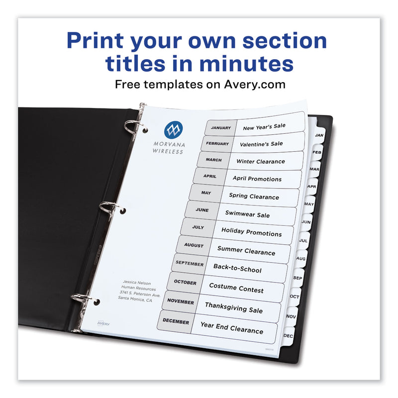 Avery Customizable TOC Ready Index Black and White Dividers, 12-Tab, Jan. to Dec., 11 x 8.5, 1 Set