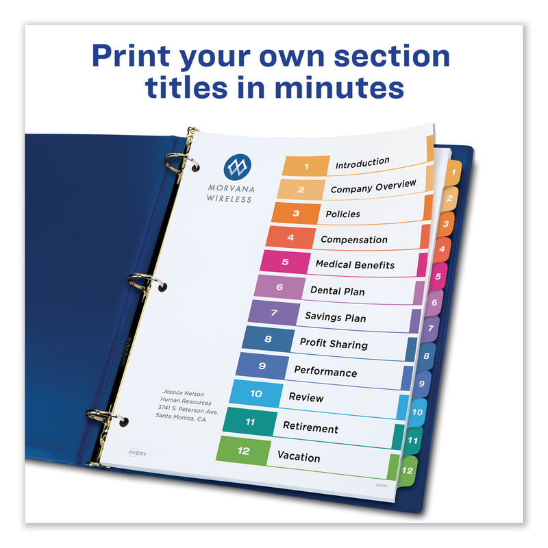 Avery Customizable TOC Ready Index Multicolor Tab Dividers, 12-Tab, 1 to 12, 11 x 8.5, White, Traditional Color Tabs, 1 Set