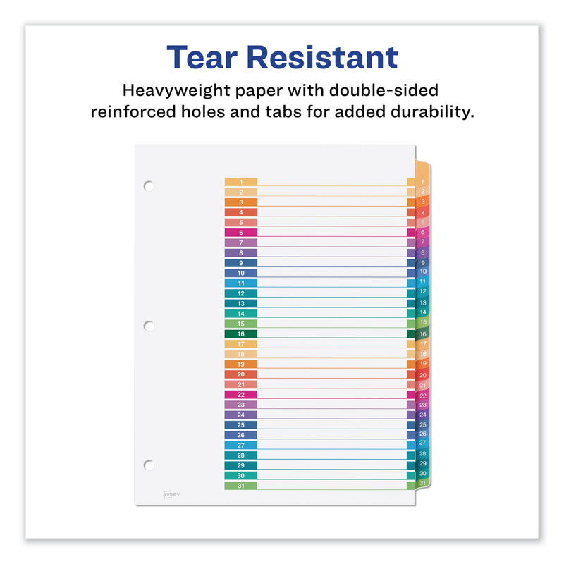 Avery Customizable TOC Ready Index Multicolor Tab Dividers, 31-Tab, 1 to 31, 11 x 8.5, White, Traditional Color Tabs, 1 Set