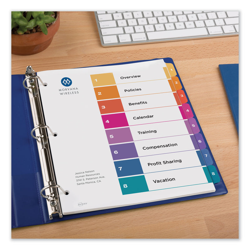 Avery Customizable TOC Ready Index Multicolor Tab Dividers, Uncollated, 8-Tab, 1 to 8, 11 x 8.5, White, 24 Sets