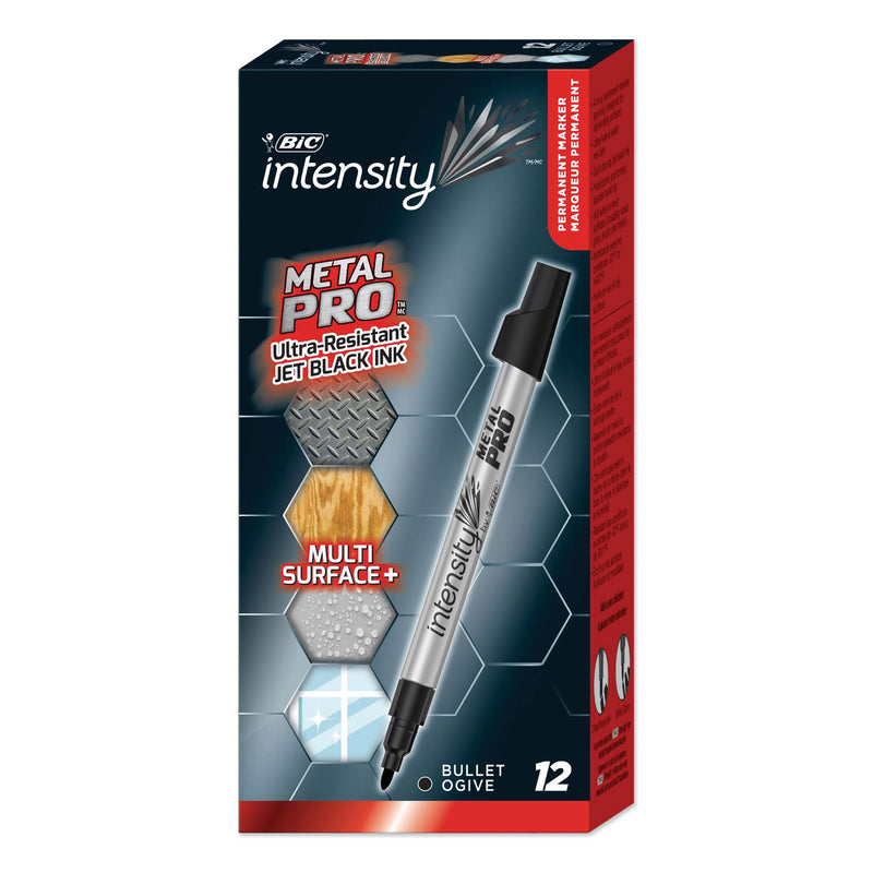 BIC Intensity Metal Pro Permanent Marker, Fine Pro Bullet Tip, Black, Dozen