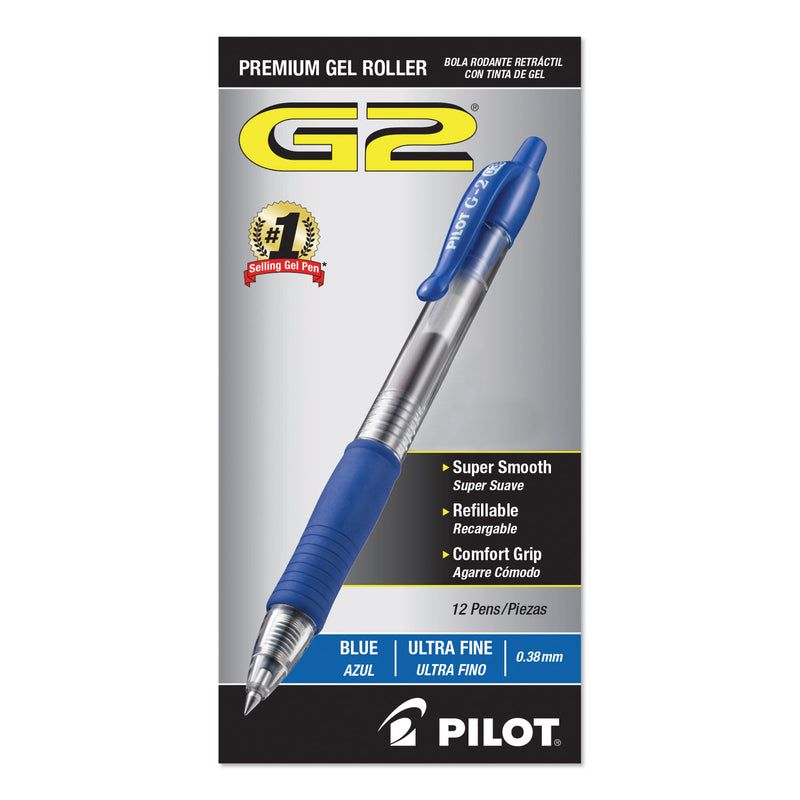 Pilot G2 Premium Gel Pen Convenience Pack, Retractable, Extra-Fine 0.38 mm, Blue Ink, Clear/Blue Barrel, Dozen