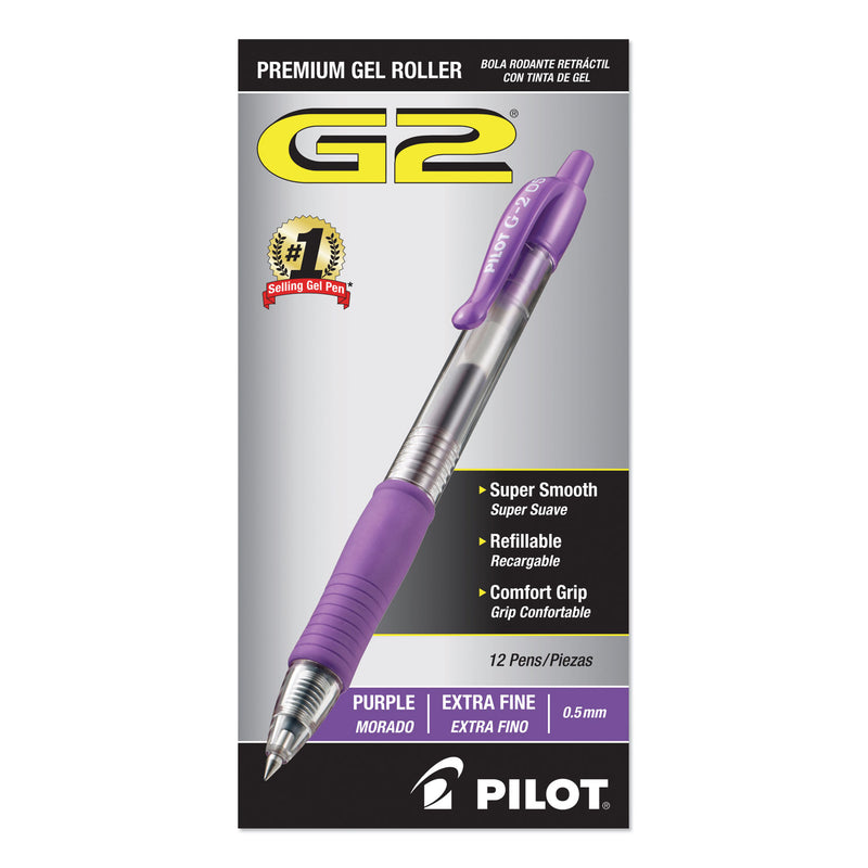 Pilot G2 Premium Gel Pen, Retractable, Extra-Fine 0.5 mm, Purple Ink, Smoke Barrel, Dozen