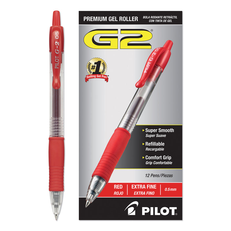 Pilot G2 Premium Gel Pen, Retractable, Extra-Fine 0.5 mm, Red Ink, Smoke Barrel, Dozen