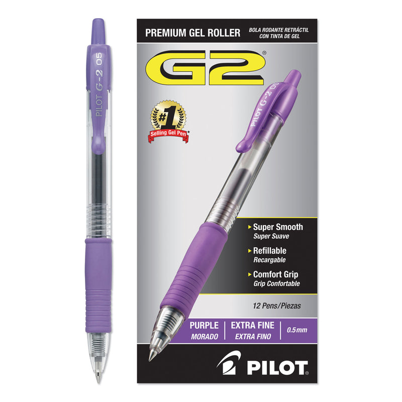 Pilot G2 Premium Gel Pen, Retractable, Extra-Fine 0.5 mm, Purple Ink, Smoke Barrel, Dozen