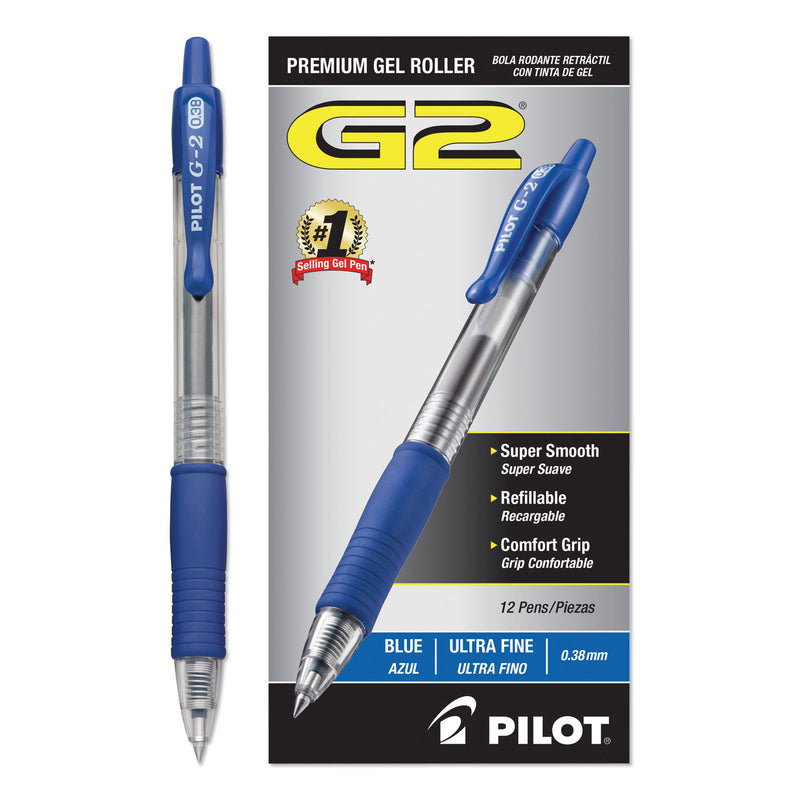 Pilot G2 Premium Gel Pen Convenience Pack, Retractable, Extra-Fine 0.38 mm, Blue Ink, Clear/Blue Barrel, Dozen