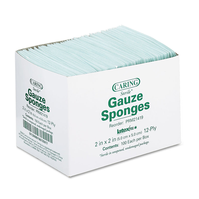 Medline Caring Woven Gauze Sponges, Sterile, 12-Ply, 2 x 2, 2,400/Carton