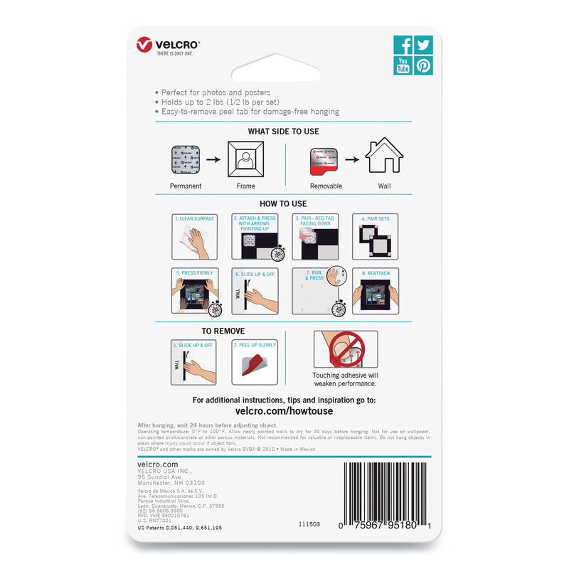 VELCRO HANGables Removable Wall Fasteners, 0.75" x 0.75", White, 16/Pack