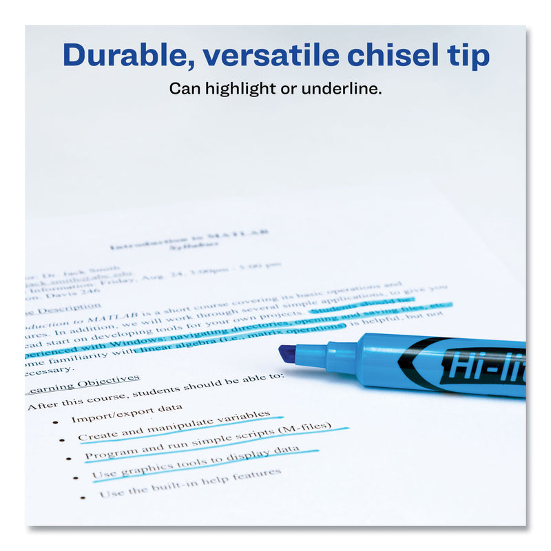 Avery HI-LITER Desk-Style Highlighters, Fluorescent Blue Ink, Chisel Tip, Blue/Black Barrel, Dozen
