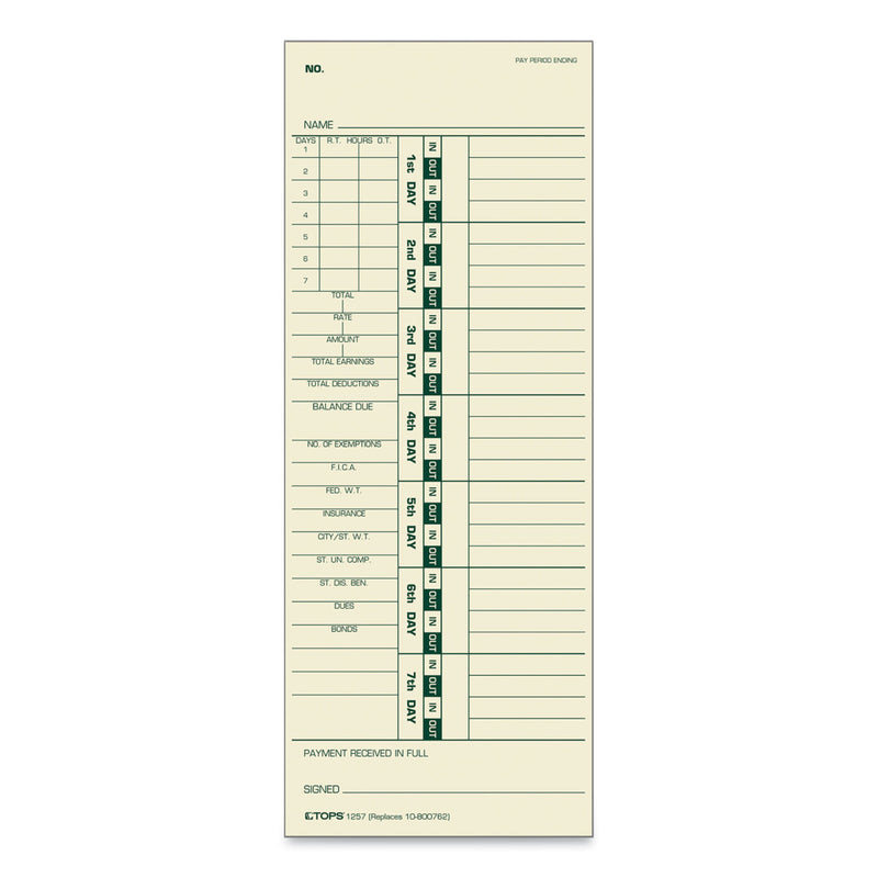 TOPS Time Clock Cards, Replacement for 10-800762, Two Sides, 3.5 x 9, 500/Box